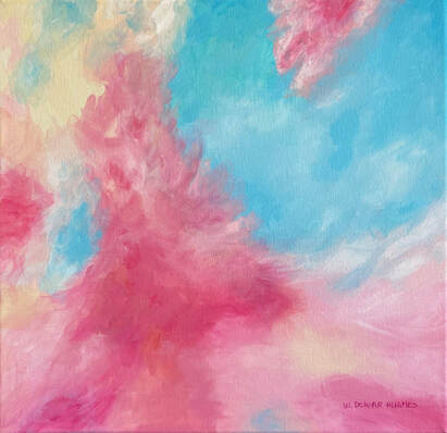 Abstract acrylic painting of colourful cloud formations.
