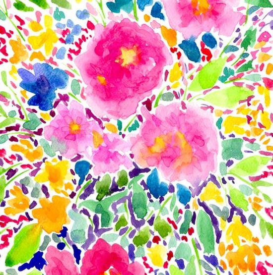 Exuberant burst of colour, floral abstract watercolor painting by Wendy Dewar Hughes